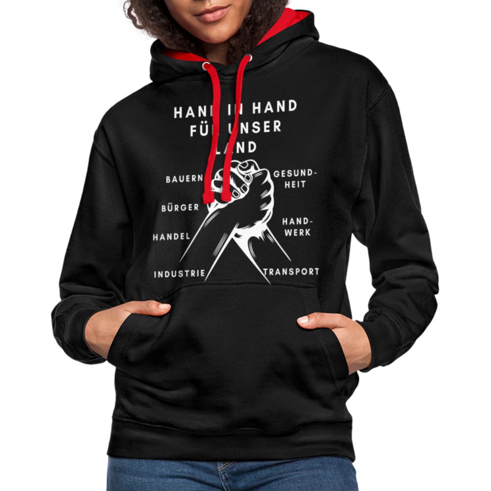 Kontrast-Hoodie - Hand in Hand für unser Land - Schwarz/Rot