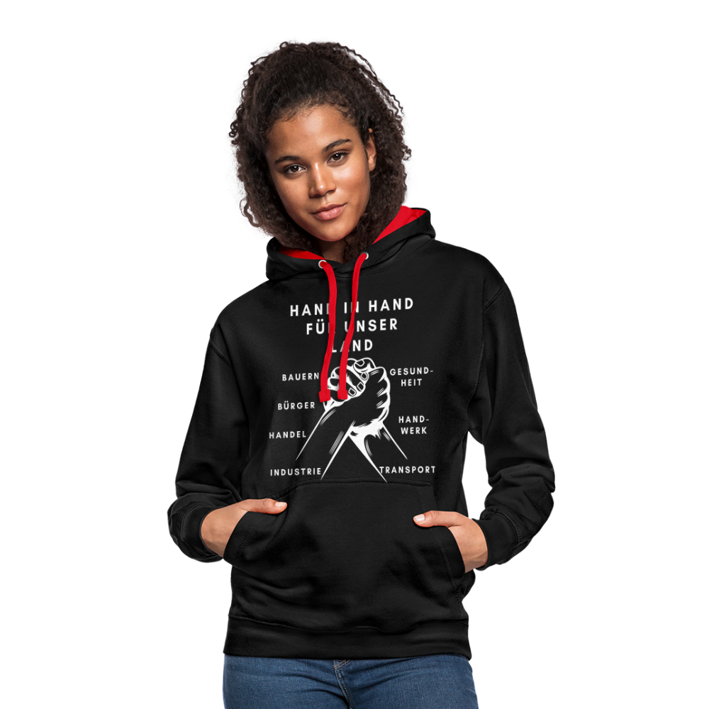 Kontrast-Hoodie - Hand in Hand für unser Land - Schwarz/Rot
