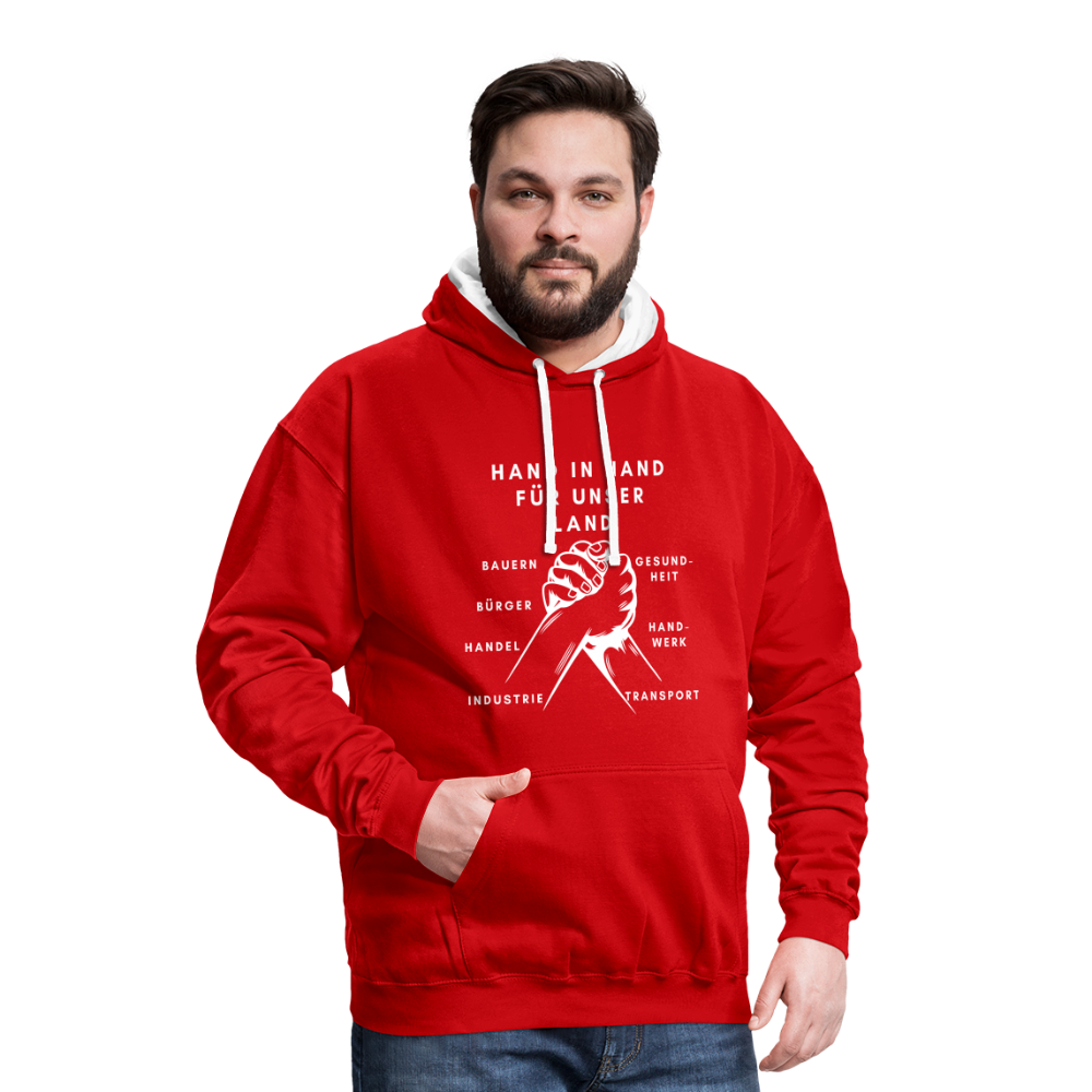 Kontrast-Hoodie - Hand in Hand für unser Land - Rot/Weiß