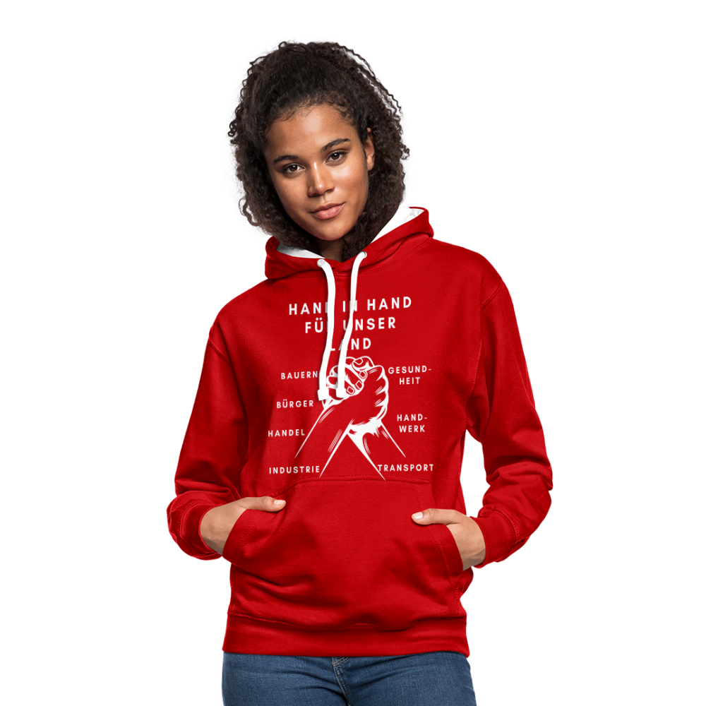 Kontrast-Hoodie - Hand in Hand für unser Land - Rot/Weiß