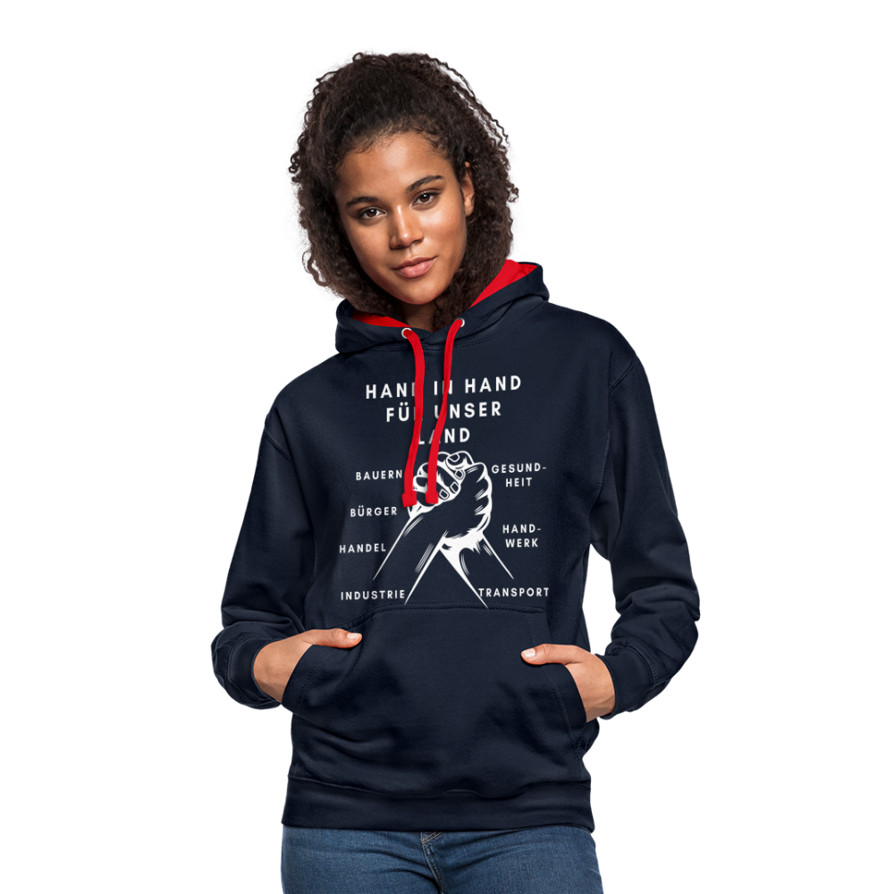 Kontrast-Hoodie - Hand in Hand für unser Land - Navy/Rot