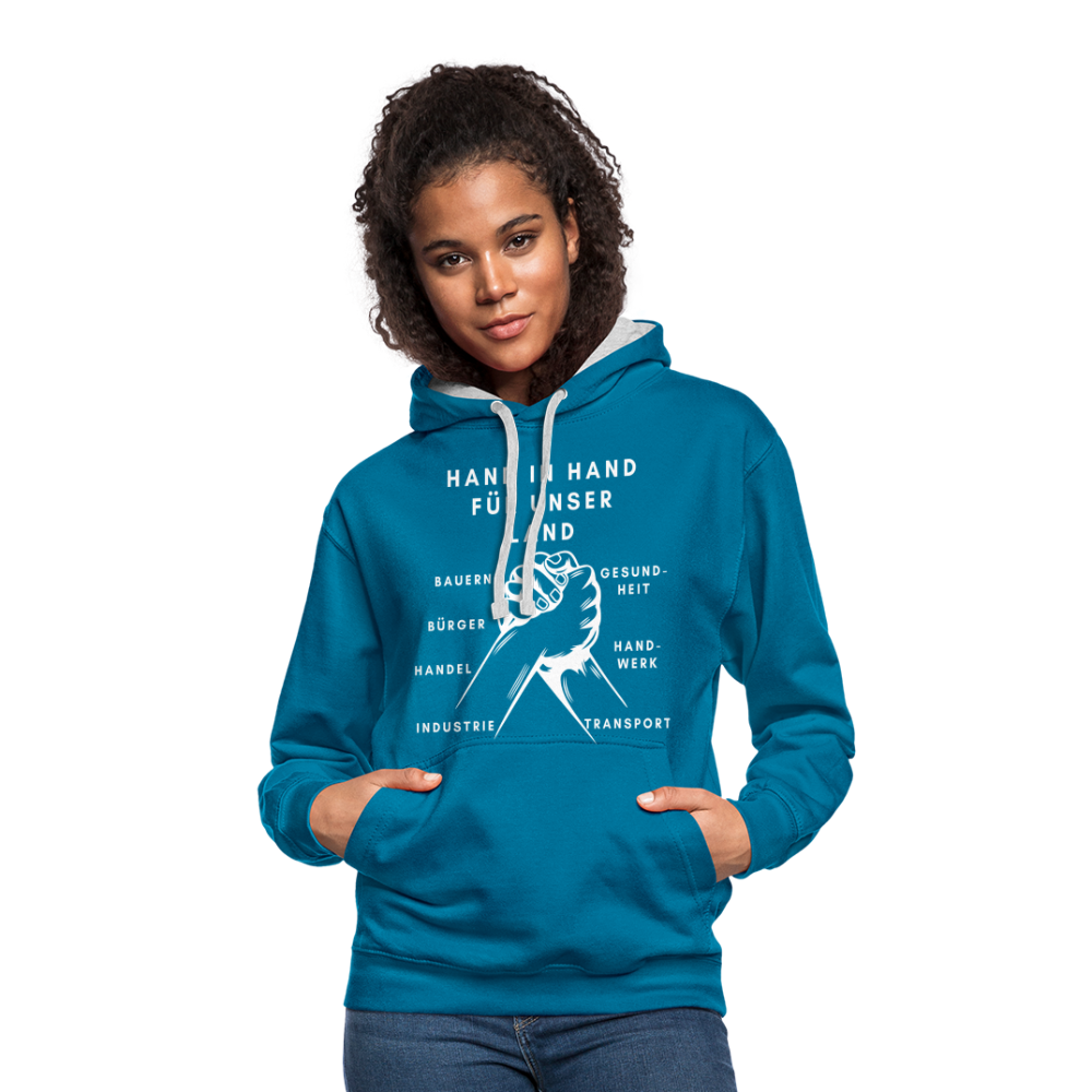 Kontrast-Hoodie - Hand in Hand für unser Land - Pfauenblau/Grau meliert