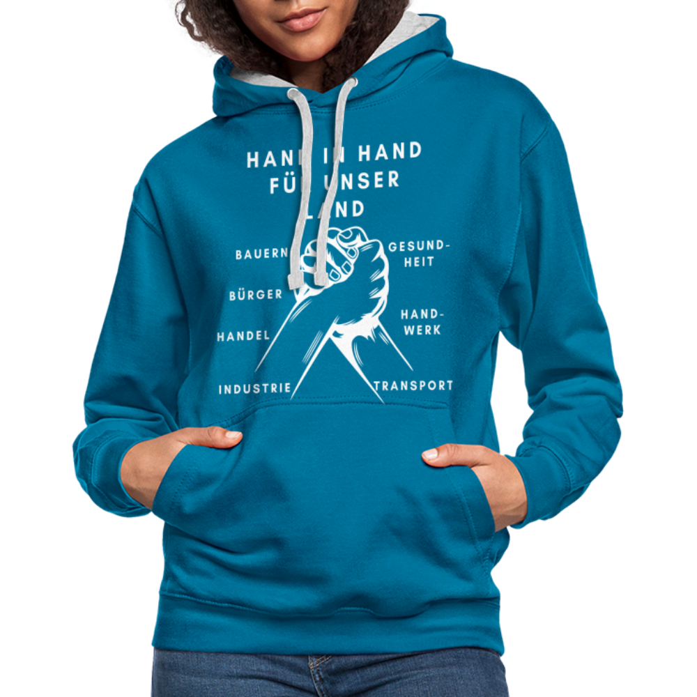 Kontrast-Hoodie - Hand in Hand für unser Land - Pfauenblau/Grau meliert