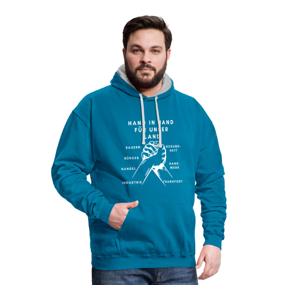 Kontrast-Hoodie - Hand in Hand für unser Land - Pfauenblau/Grau meliert