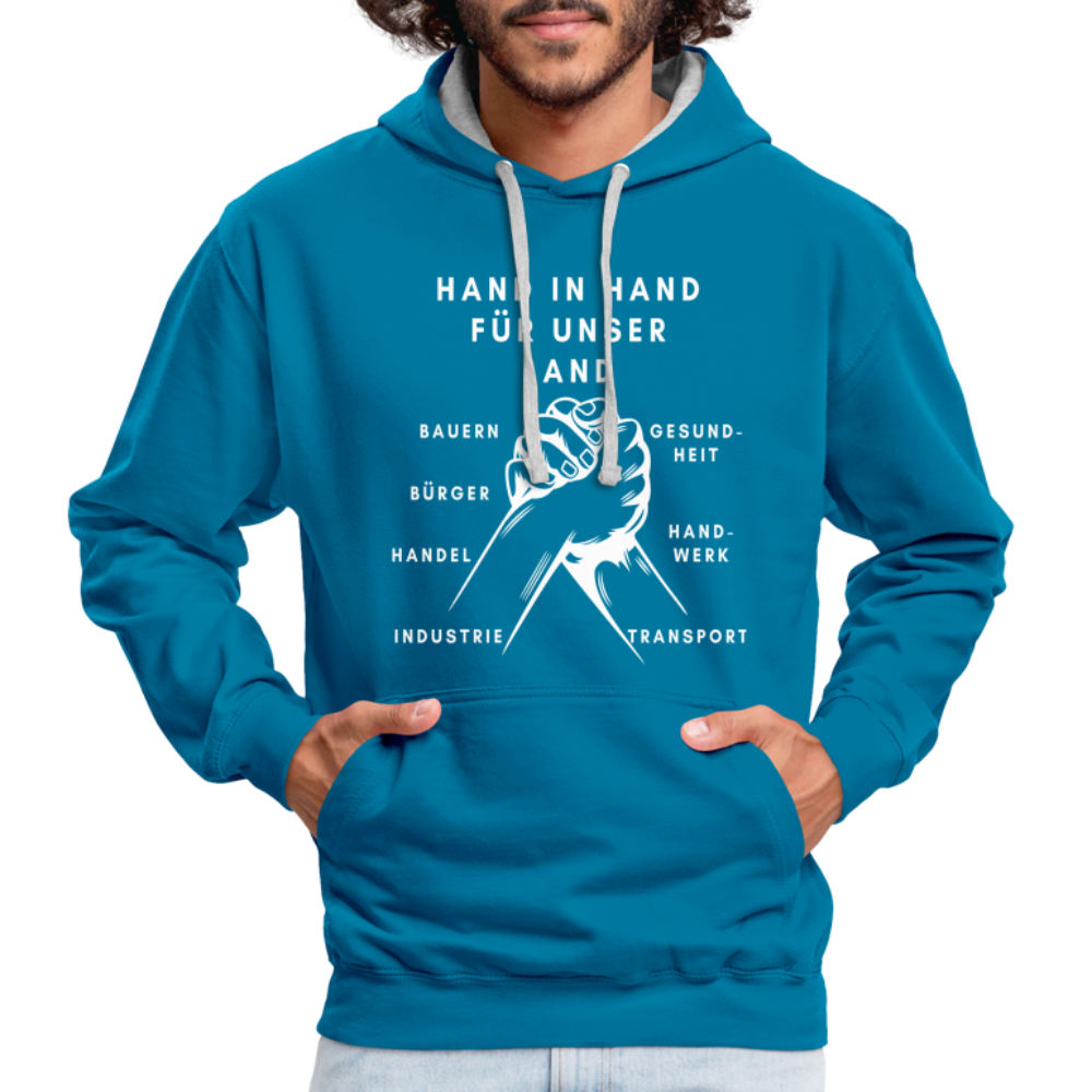 Kontrast-Hoodie - Hand in Hand für unser Land - Pfauenblau/Grau meliert