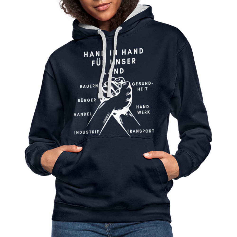 Kontrast-Hoodie - Hand in Hand für unser Land - Navy/Grau meliert