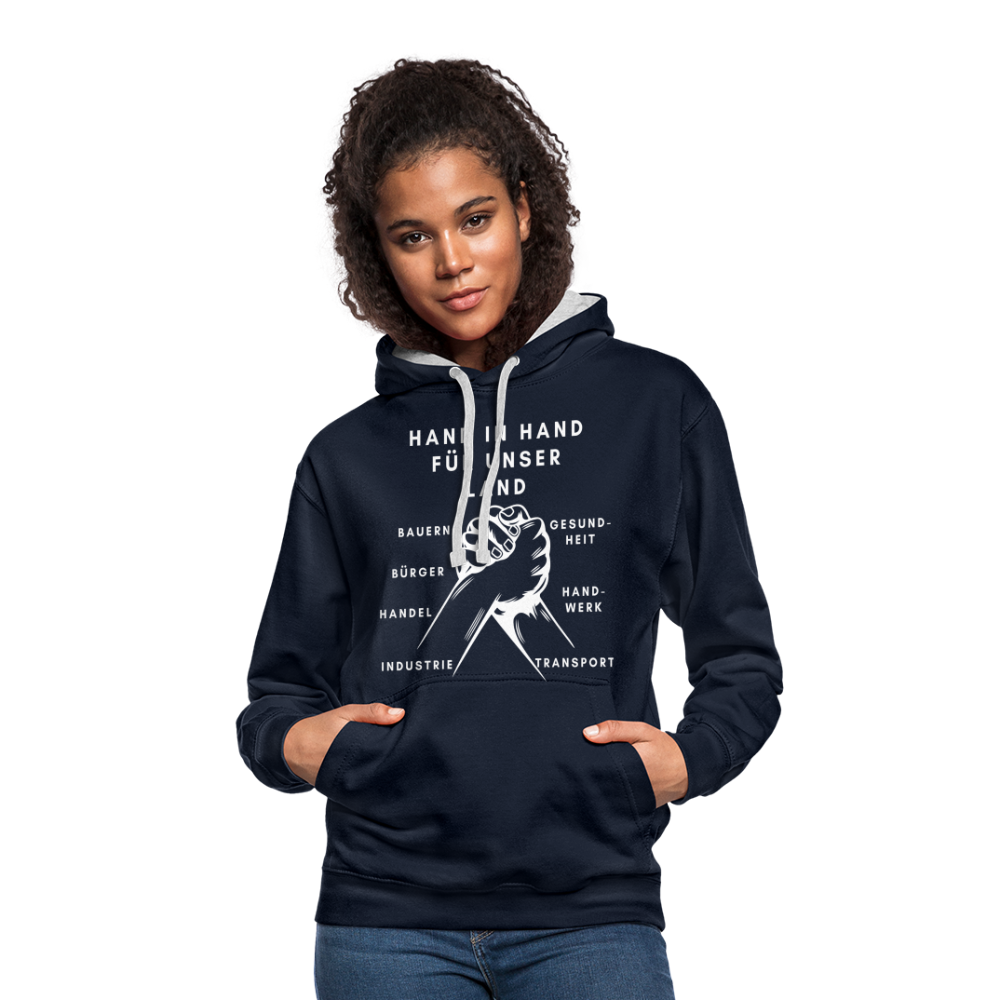 Kontrast-Hoodie - Hand in Hand für unser Land - Navy/Grau meliert