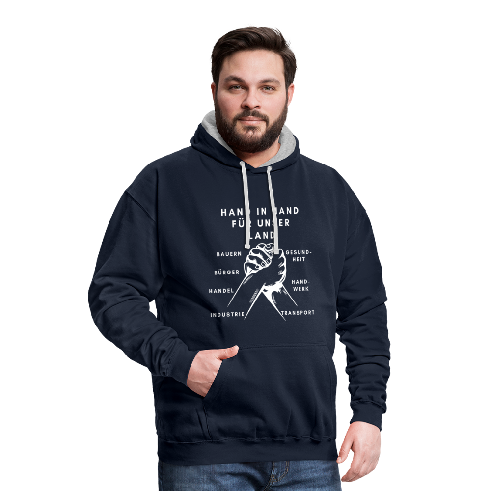 Kontrast-Hoodie - Hand in Hand für unser Land - Navy/Grau meliert