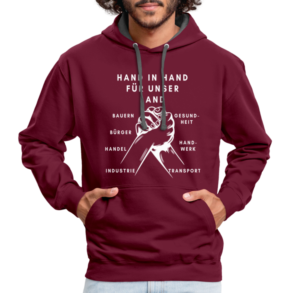 Kontrast-Hoodie - Hand in Hand für unser Land - Weinrot/Anthrazit