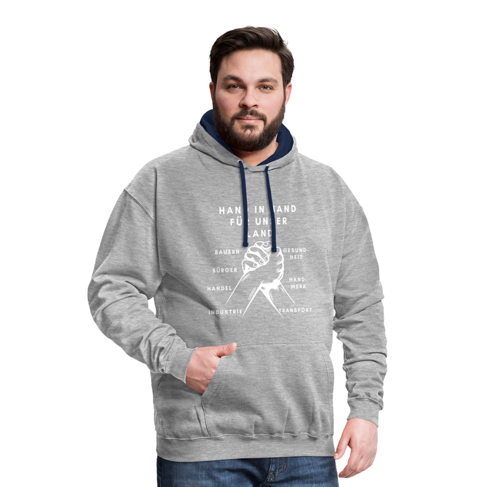 Kontrast-Hoodie - Hand in Hand für unser Land - Grau meliert/Navy