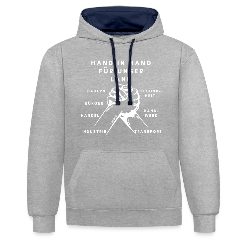 Kontrast-Hoodie - Hand in Hand für unser Land - Grau meliert/Navy