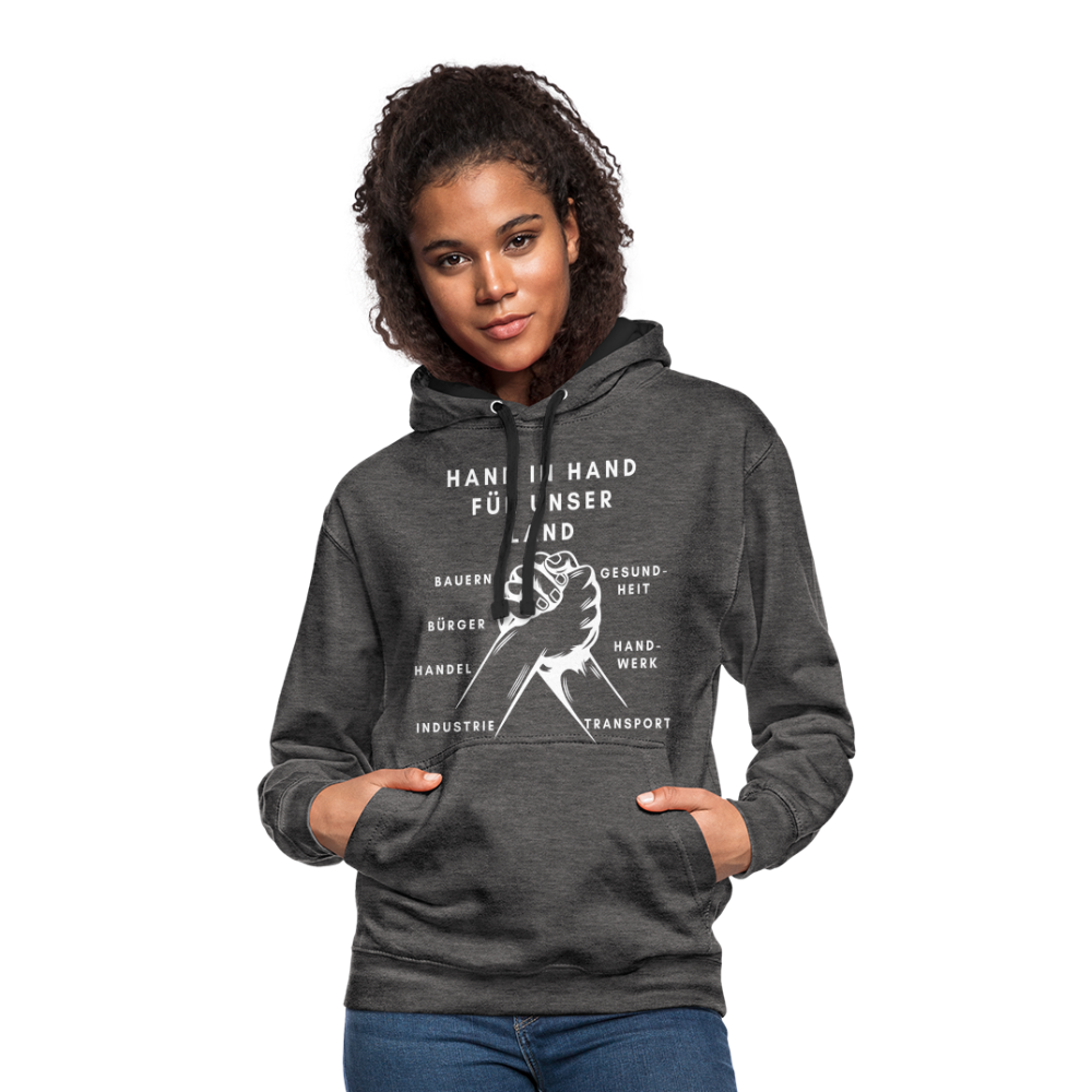 Kontrast-Hoodie - Hand in Hand für unser Land - Anthrazit/Schwarz