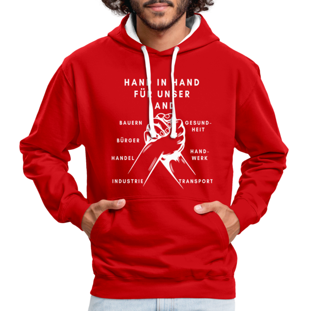 Kontrast-Hoodie - Hand in Hand für unser Land - Rot/Weiß