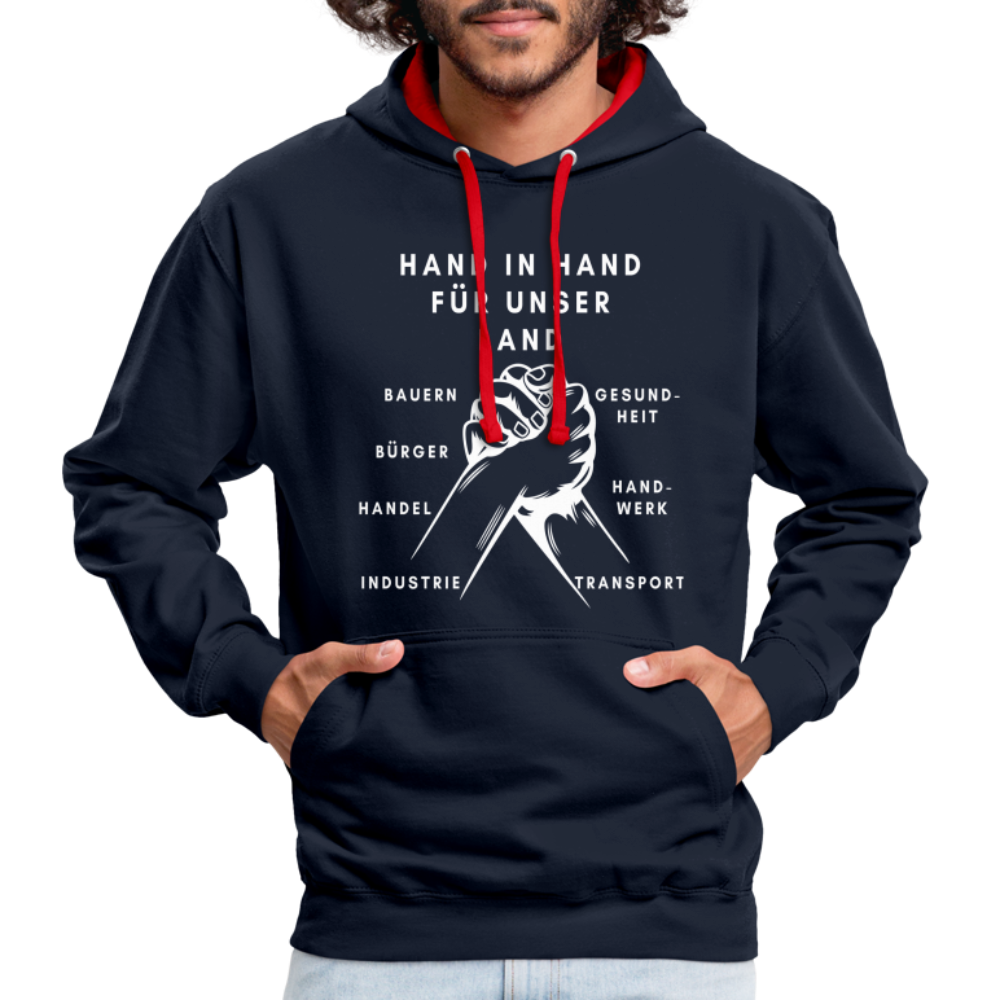 Kontrast-Hoodie - Hand in Hand für unser Land - Navy/Rot