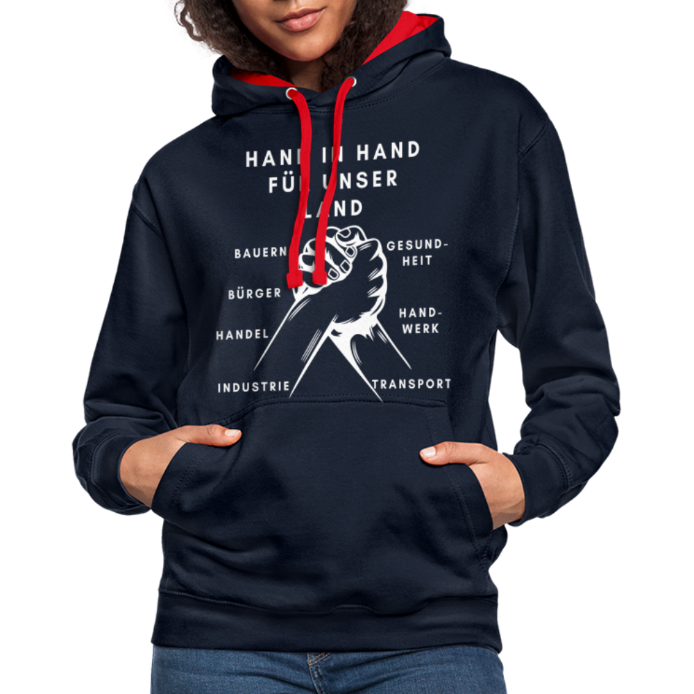 Kontrast-Hoodie - Hand in Hand für unser Land - Navy/Rot