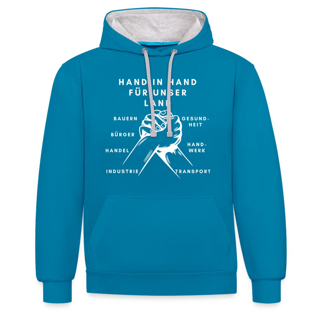 Kontrast-Hoodie - Hand in Hand für unser Land - Pfauenblau/Grau meliert