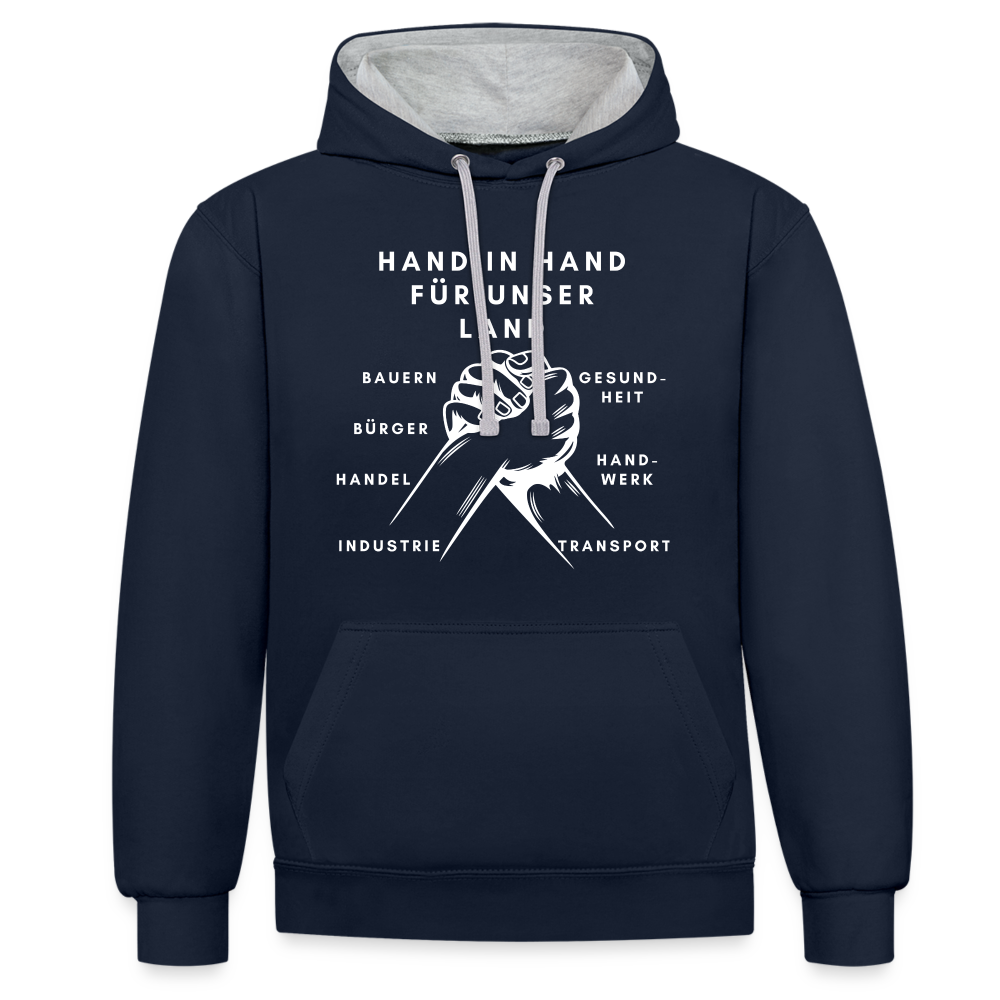 Kontrast-Hoodie - Hand in Hand für unser Land - Navy/Grau meliert