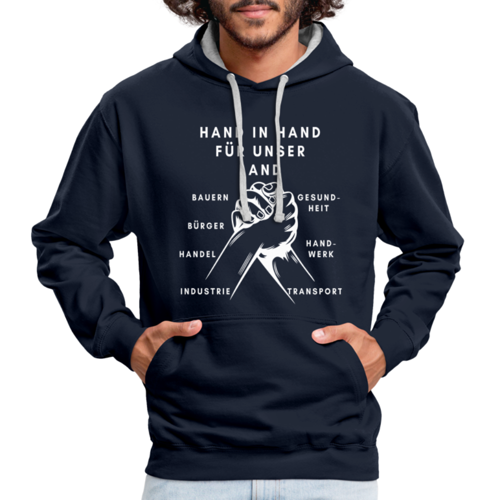 Kontrast-Hoodie - Hand in Hand für unser Land - Navy/Grau meliert