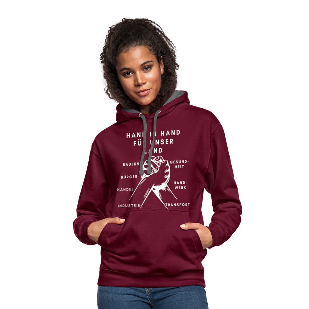 Kontrast-Hoodie - Hand in Hand für unser Land - Weinrot/Anthrazit