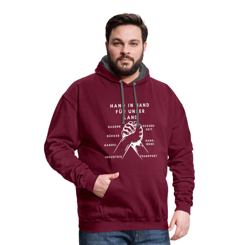Kontrast-Hoodie - Hand in Hand für unser Land - Weinrot/Anthrazit