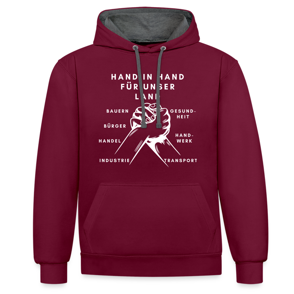 Kontrast-Hoodie - Hand in Hand für unser Land - Weinrot/Anthrazit