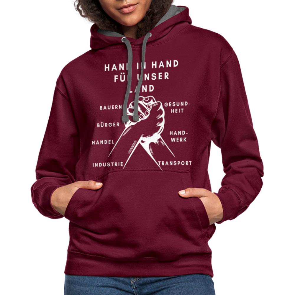 Kontrast-Hoodie - Hand in Hand für unser Land - Weinrot/Anthrazit