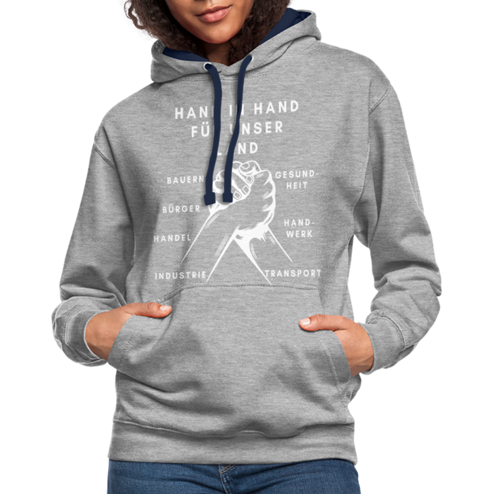 Kontrast-Hoodie - Hand in Hand für unser Land - Grau meliert/Navy