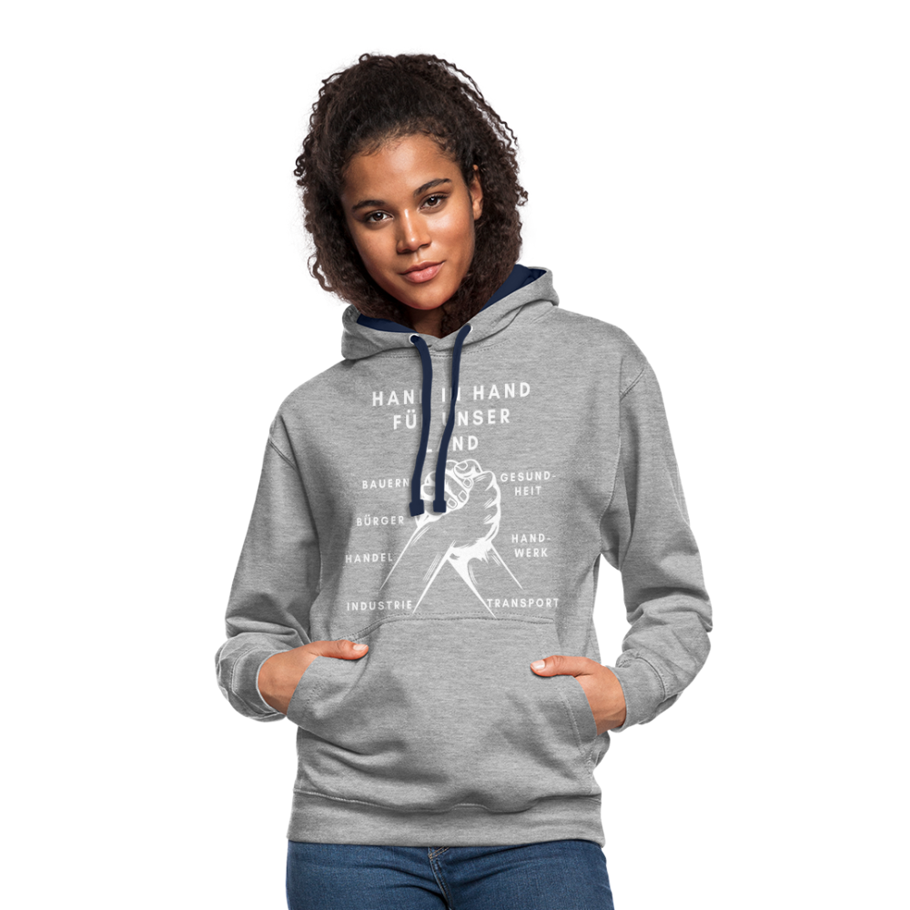 Kontrast-Hoodie - Hand in Hand für unser Land - Grau meliert/Navy