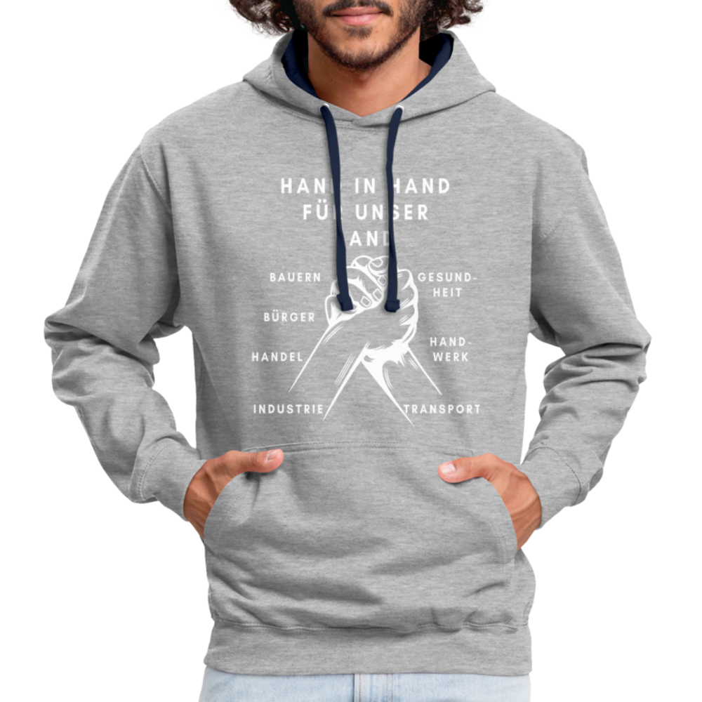 Kontrast-Hoodie - Hand in Hand für unser Land - Grau meliert/Navy