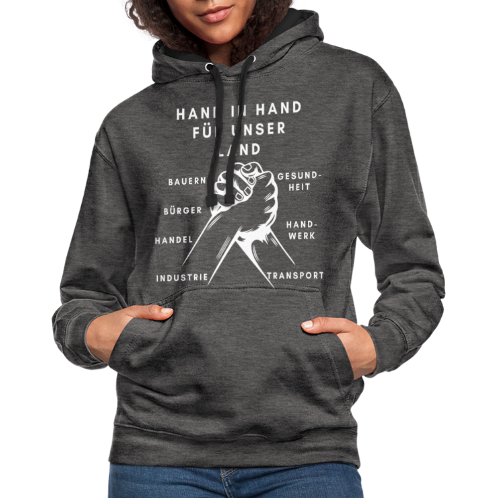 Kontrast-Hoodie - Hand in Hand für unser Land - Anthrazit/Schwarz